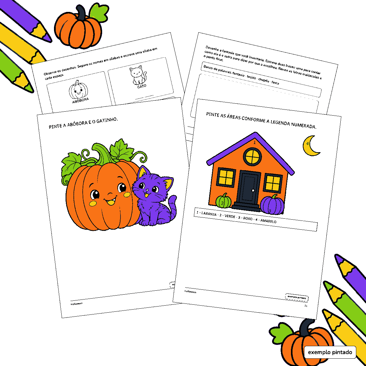 Páginas reais do kit Halloween, com duas folhas pintadas como exemplo
